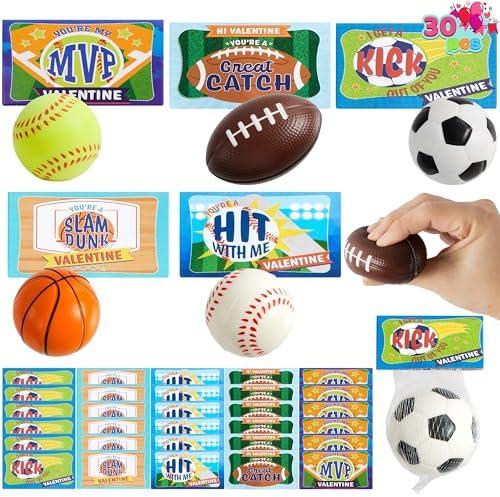 JOYIN 30 Pack Kids Valentines Day Gift Cards with Gift Mini Sports Ball Figure Stress Balls Squeeze Foam Balls for Classroom Exchange Prizes, Stress Relief, Valentine Party Favor Toys