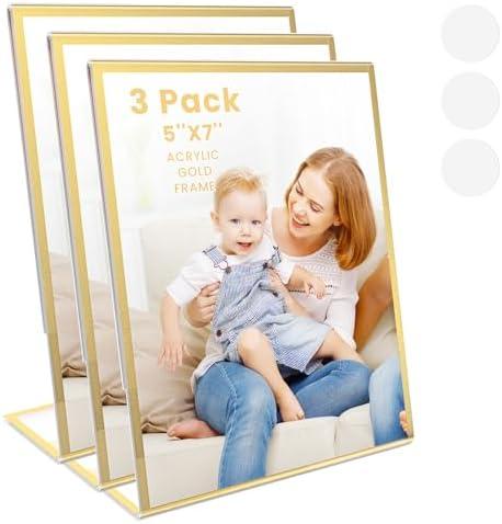 YOAEAILY Acrylic Gold Frames 5 x7, Slanted Back Gold Picture Frames Table Acrylic Sign Holder for Photos Wedding Table Numbers and Art Display with Removable Clear Sticky Dots,3 Pack