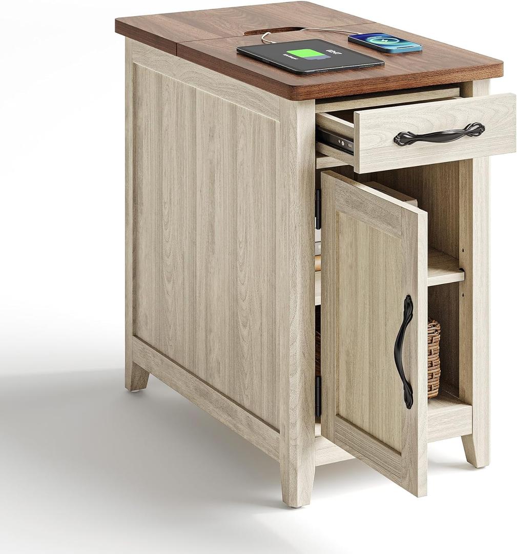 LINSY HOME Farmhouse End Table with Charging Station, Narrow Side Table for Living Room, Sofa Side Table with Drawer and Storage Cabinet, Small Nightstand for Home Office (Wood Door, Washed Grey and Brown)