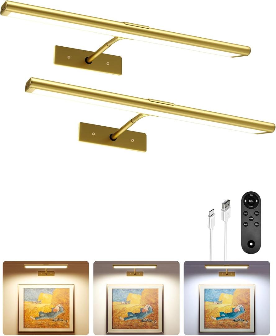 EZVALO Picture Light for Wall, 4800mAh Rechargeable Wireless Remote, Dimmable Magnetic LED Art Display Light with 3 Color Temperatures, for Gallery, Living Room, Bedroom, Hallway (Gold-2Pack)