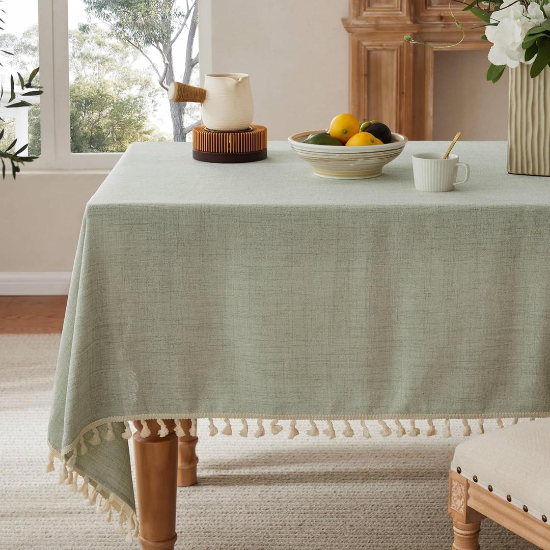 Linen Tablecloth with Tassels, Farmhouse Style Green Tablecloth, Water Resistant Burlap Tablecloths for Square Table, 60x60 Inch Green