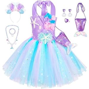 Topney Little Mermaid Tutu Dress for Girls - Princess Mermaid Ariel Costume with Accessories S