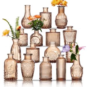 Glass Bud Vases Set of 16 - Amber Assorted Small Mini Glass Vases for Flowers, Crystal Vintage Vase Set, Bulk Centerpieces for Table Dcor, Wedding, Home and Events (Amber, 16 Pcs)