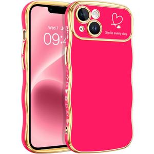 BENTOBEN for iPhone 14 Case, Cute Curly Wave Frame Heart Pattern, Slim Thin Luxury Plating Wavy Edge Full Camera Protection Shockproof Bumper Women Girls Phone Cover for iPhone 14 6.1" 2022, Hot Pink