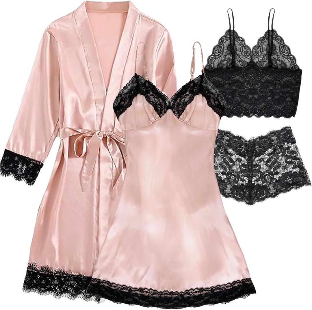 Hellomamma Women's Silk Pajama Set: 4-Piece Satin Robe Lingerie Sexy Sleepwear Lounge Set for Brida Wife Girlfriend (Medium, Pink)