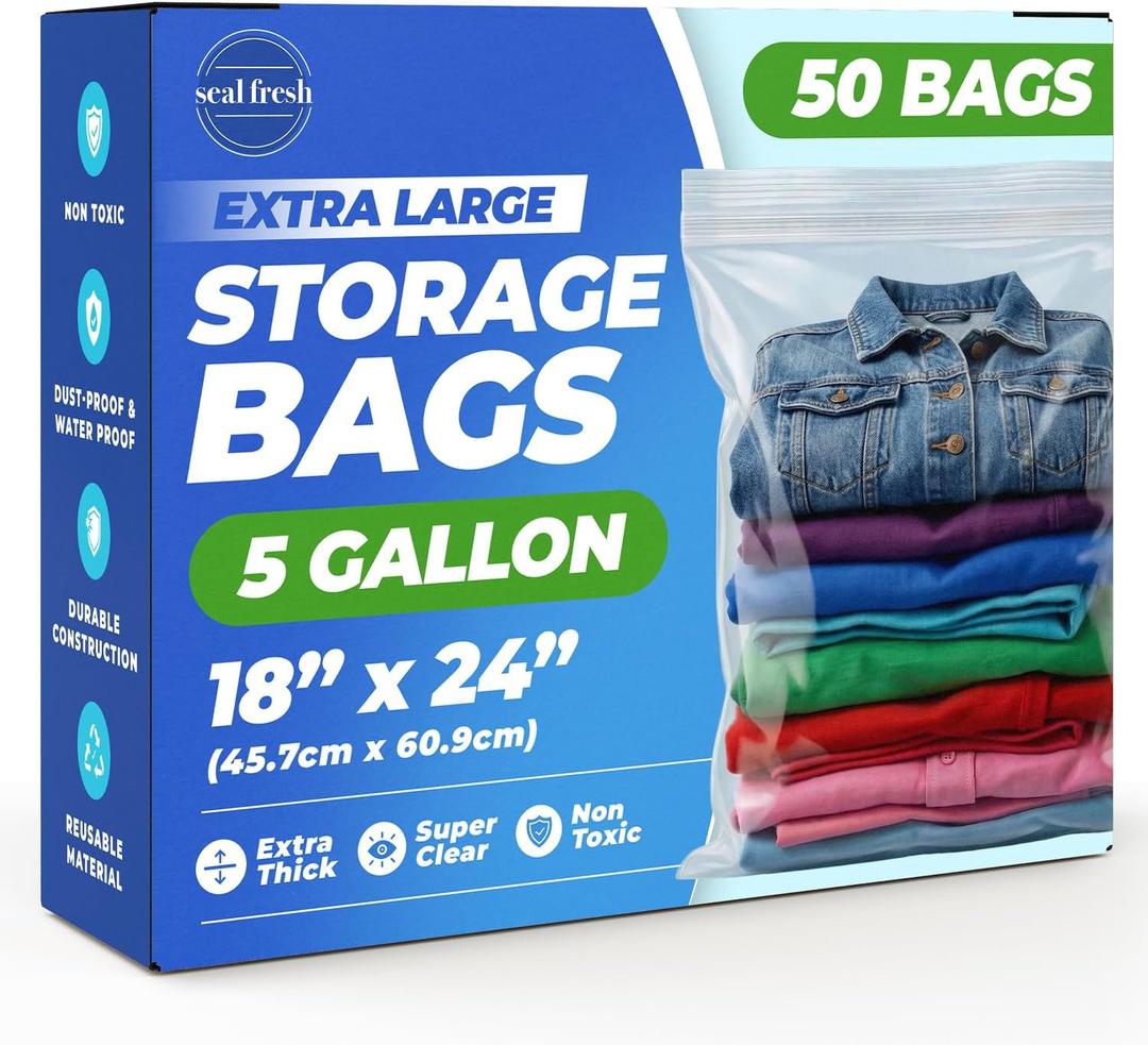 Seal Fresh 5 Gallon Large Plastic Storage Bags – 18" x 24" (50 Count) – Reusable XXL Extra Large Heavy Duty Clear Jumbo Freezer Zip Lock Bags with Sealable Zipper Top For Clothes, Travel, Moving