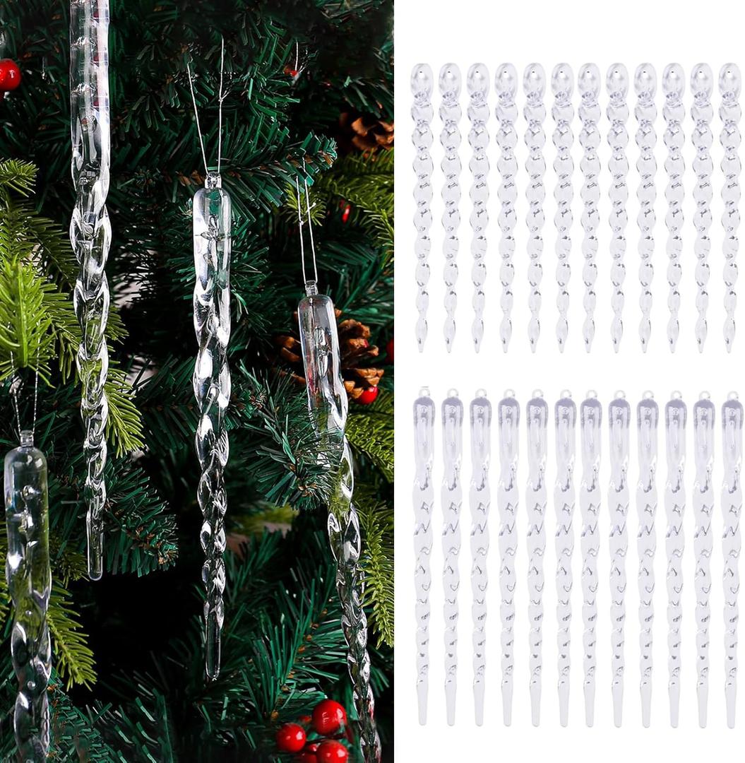 24Pcs Plastic Icicle Christmas Ornaments,Acrylic Icicles Hanging Ornaments,Clear icicles Christmas Tree Icicles Pendant Decor Set for Xmas Tree Outdoor Party Decoration-7.8in