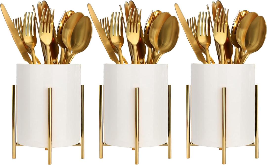 Utensil Caddy for Weddings and Parties,Sturdy Metal and Ceramics, Decorate Kitchen and Dining Table, White Gold, S0017