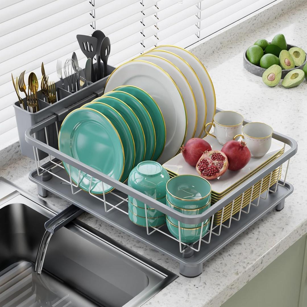 Dish Drying Rack - Space-Saving Dish Rack,Dish Racks for Kitchen Counter with Drainboard, Rustproof Dish Drainer with a Removable 4-Compartment Utensil Holder,Gray