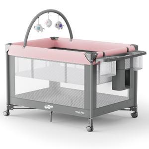 Pamo Babe Pack and Play - Travel Crib with Mattress, Easy Setup Small Portable Playpen for Babies, Lightweight Foldable Baby Playard with Lockable Wheels, Toy Arch & Large Storage Bag - Grey