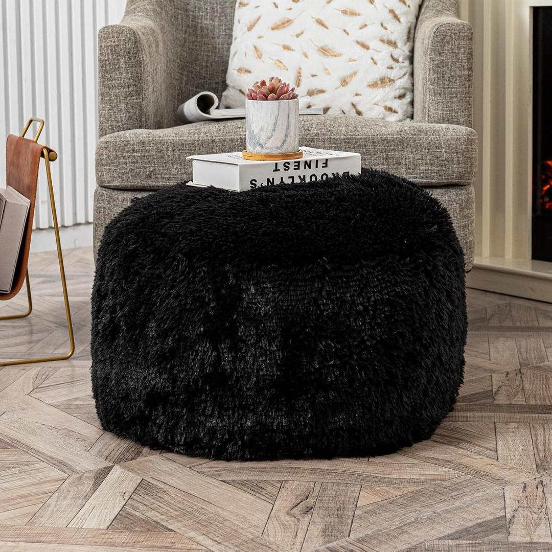 Asuprui Pouf Ottoman Floor Pouf Cover Ottoman Foot Rest NO Filler 20x20x12 Inches Round Poof Seat Floor Bean Bag Chair Foldable Floor Chair Storage for Living Room Bedroom Cover ONLY Black