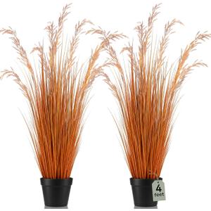 Jexine 2 Pcs 4 ft Fall Artificial Tall Grass Plants in Pots, Autumn Orange