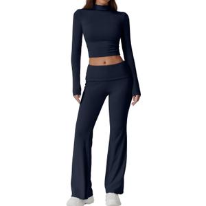 QINSEN Womens 2 Piece Lounge Sets Mock Neck Long Sleeve Tops with Side Ruched Fold Over Flare Pants Comfy Tracksuits (Medium, Navy Blue)