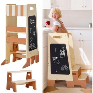 ROBOTIME Toddler Standing Tower, Learning Tower with Step Stool Set, 2-in-1 for Kids, Adjustable Height Toddler Tower for Kitchen & Bathroom, Learning Tower with Blackboard for 2 Year Old