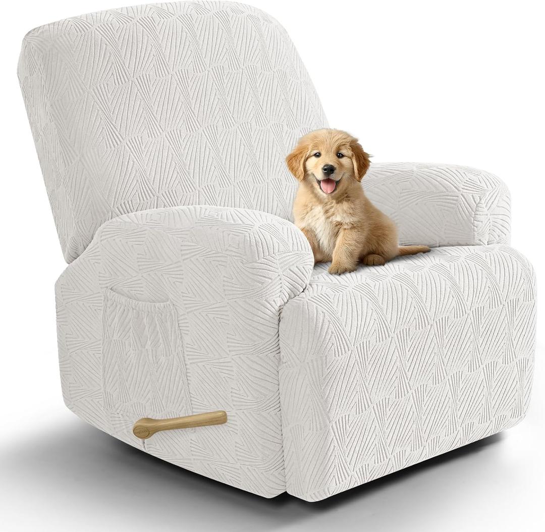 VANSOFY Recliner Chair Covers, 4-Pieces Stretch Recliner Cover Jacquard Soft Reclining Chair Slipcover Furniture Protector with Elastic Bottom for Lazy Boy Recliner(Porcelain White) (1 Seat)