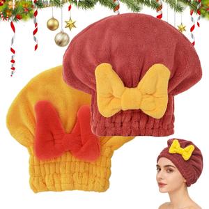 Microfiber Hair Drying Caps, Christmas Absorbent Hair Towel Wrap for Women Wet Hair Quick-Drying Hair Towels, Soft Bow Tie Wet Hair Towel Wrap for Party Favors Goody Bag Filler (Red+Yellow)