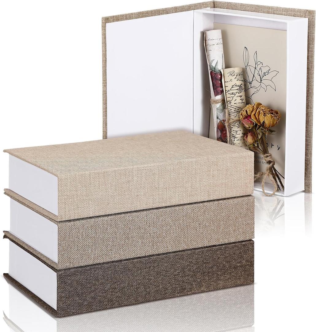 3 Pcs Neutral Linen Book Box Decorative Faux Book Props Storage for Modern Farmhouse Home Decor Bookshelf Table Card Photo DIY Keepsake(8.6 x 6.1 x 1.8 Inch,Khaki, Dark Coffee, Light Coffee)