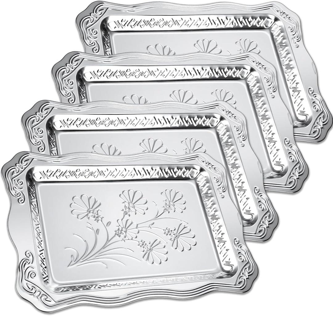 4 Pack 16.3" x 11.4" Large Silver Serving Trays for Dessert Table Stainless Steel Silver Platters Floral Engraved Mirror Serving Platters for Wedding, Cookies, Desserts, Party Food Display