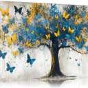 KYSNGMT Abstract Blue Yellow Tree Canvas Wall Art Butterfly Painting | Gallery Wrapped Modern Nature Artwork Decor for Living Room Bedroom Office Home Wall Decoration Ready to Hang