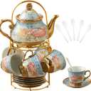 20Pcs Porcelain Tea Set for Adults, European Ceramic Tea Set Flower Ceramic Tea Cups, Teapot, & Saucers with Metal Holder for Women Tea Party (Blue)