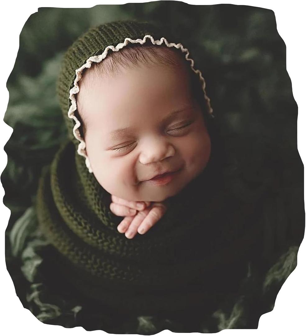 Newborn Photography Props Wraps & Ruffle Edge Bonnet for Infant Baby Boy Girl, Knit Swaddle for Photo Shoot Outfits (Drak Green)