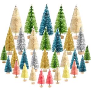 KUUQA 38Pcs Multicolor Mini Sisal Trees Bottle Brush Trees Mini Pine Tree with Wood Base Snow Frosted Tree Winter Snow Ornament Tabletop Tree for Christmas Decorations Diorama Model, Small Size Trees