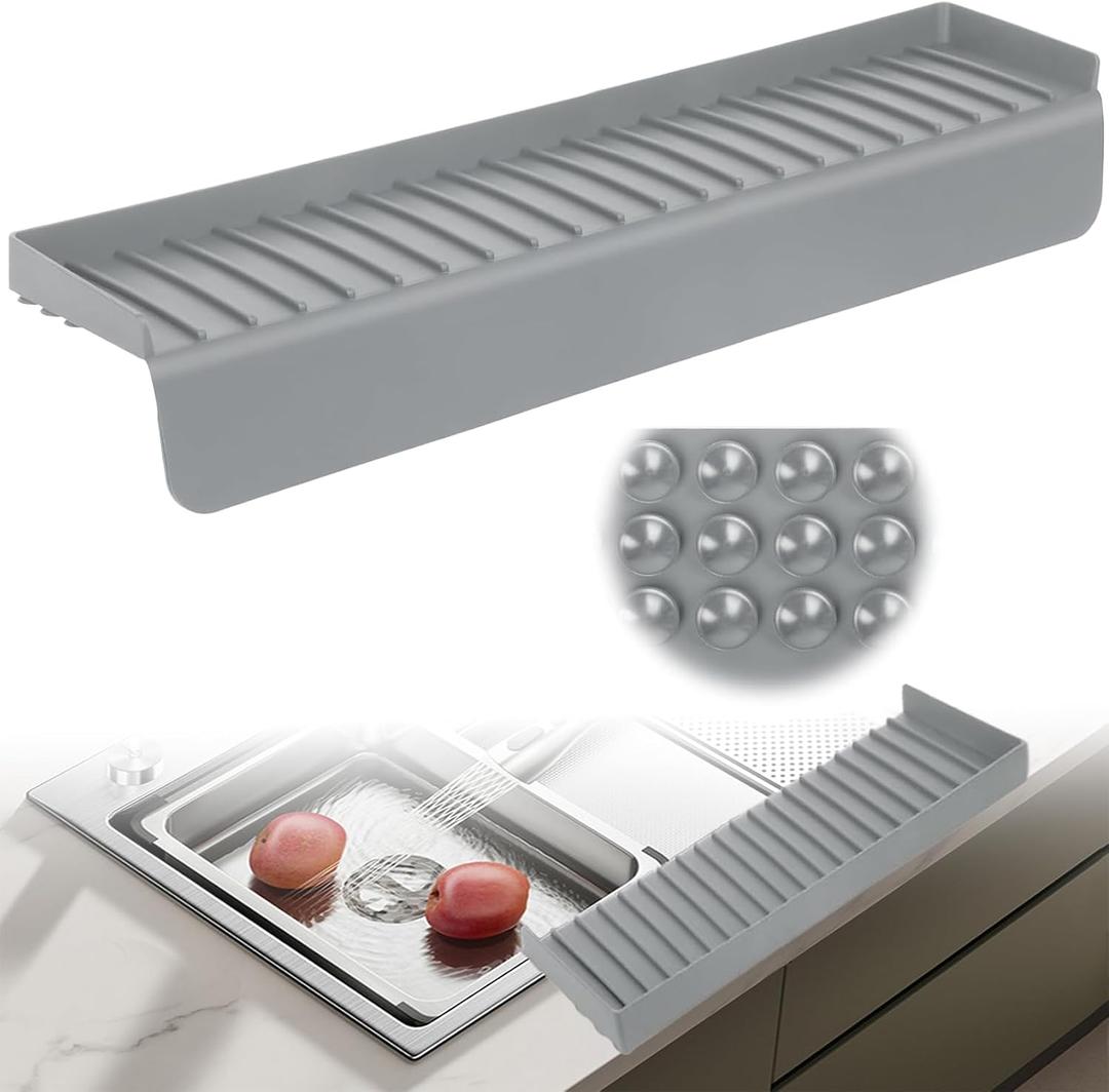 Silicone Sink Edge Protector with Suction Cup 4" x 24",Kitchen Sink Splash Guard for Kitchen, Bathroom Sink, Steel, Granite, Quartz Countertops,Multifuctional Sink Accessories (Gray)