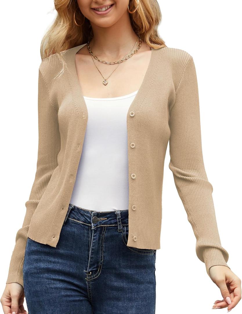 Women's Long Sleeve Ribbed Knit V Neck Button Down Slim Fitted Cropped Cardigan (Beige, XL)