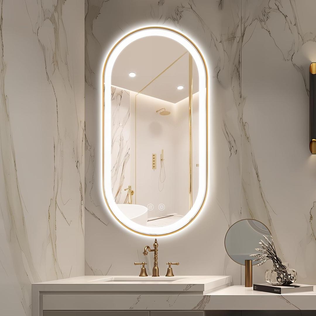 Oval LED Bathroom Mirror, Backlit + Front Lit Vanity Mirror Gold Frame