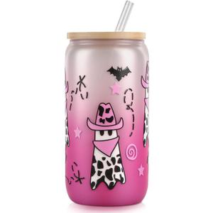 Cowboy Ghost Cup, Spooky Halloween Gifts for Women, Cute Western Cowgirl Tumbler, 16 oz Coffee Glass Cup with Lid & Straw (White-Pink)