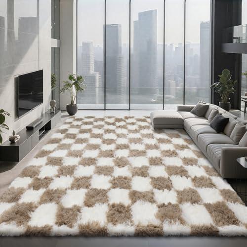 Large Shag Area Rug for Bedroom, 9x12 Ft Beige and White Area Rug Classic Checkered Shaggy Anti-Skid High Pile Soft Fluffy Rug Fuzzy Carpet for Living Room Bedroom Kids Room Nursery, Dorm Home Decor