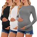 Ekouaer Maternity Shirts for Work Crew Neck Fall Clothes Long Sleeve Pregnancy Tops Side Ruched T-Shirt Black/ White/ LightGray, XL