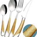 16 Piece Hammered Silver Gold Silverware Set, Modern Golden 18/10 Stainless Steel Flatware Set, Kitchen Utensil Set Service for 4, Tableware Cutlery Set, Knives Forks Spoons Set