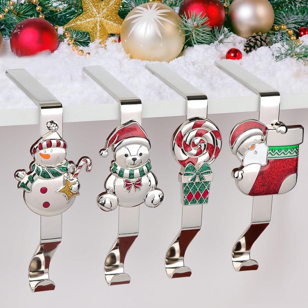 4 x Kalolary Christmas Stocking Holders Set of 4,Christmas Stocking Hanger for Mantle Fireplace Stocking Holder Xmas Stocking Hooks for Mantle Counter Tables Window Fireplace Mantle Christmas Party Decors