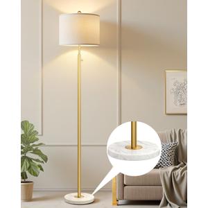 UpgradedDimmable Gold Floor Lamps for Living Room, 11W LED Bulb Included, Modern Standing Lamp with Marble Base, Tall Pole Light with White Linen Shade for Bedroom Reading Office Corner Nursery