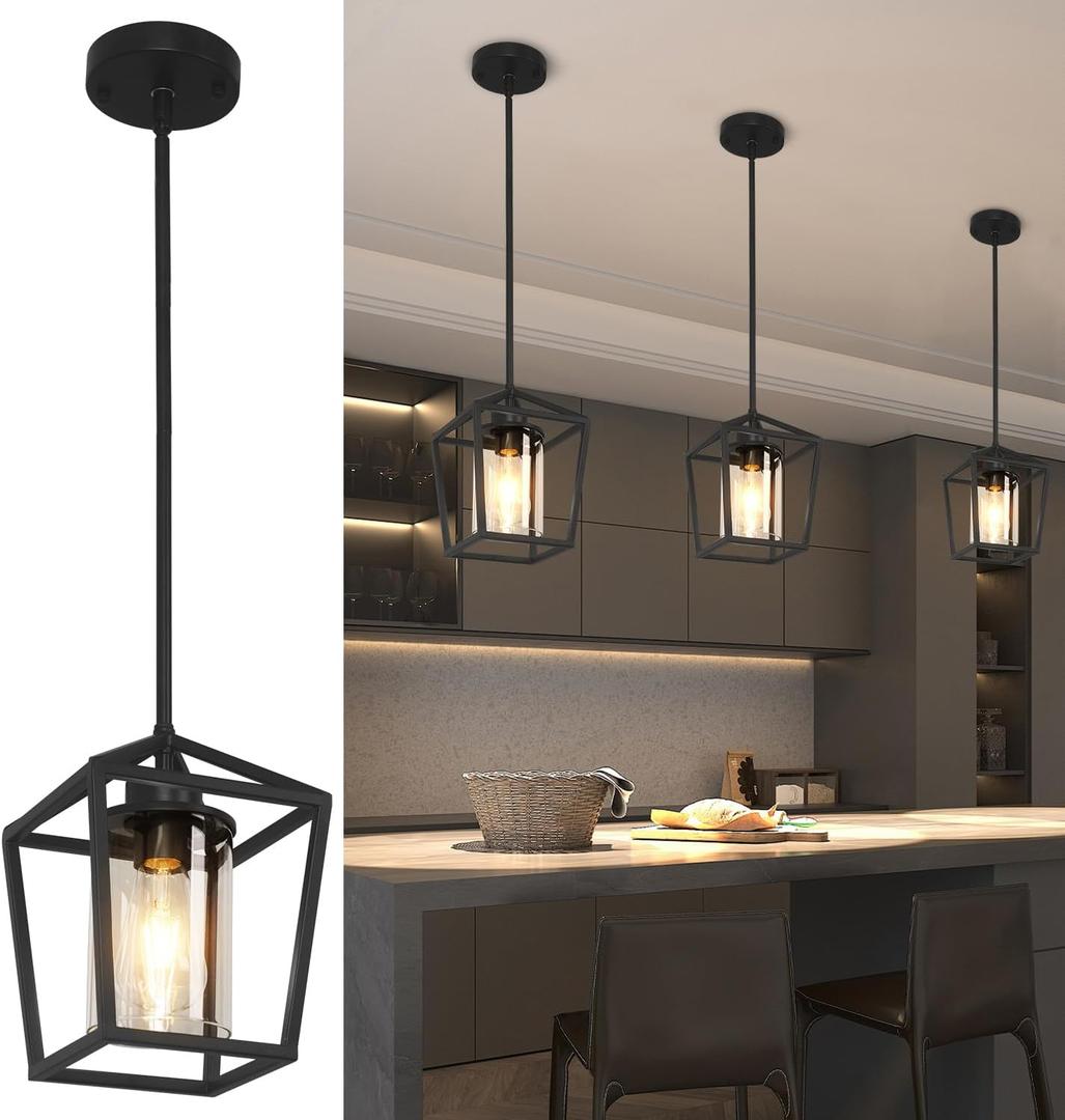 Black Pendant Lights Kitchen Island, 1-Light Light Fixtures, Farmhouse Island Lighting, Lantern Pendant Light for Hallway Foyer Dinning Room with Clear Glass Shade, Adjustable Height