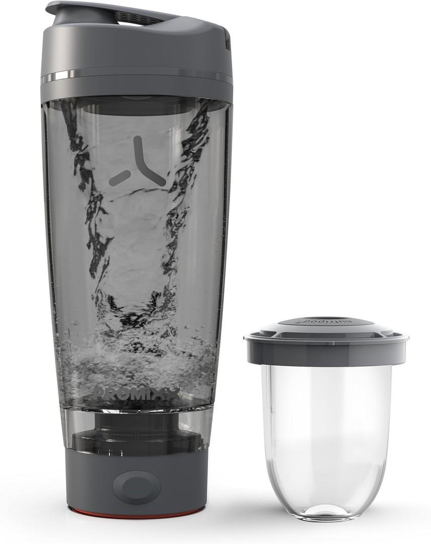 Promixx Pro Electric Shaker Bottle – 20oz – USB-C Rechargeable Vortex Protein Mixer with X-Blade Technology and Supplement Storage – BPA-Free Easy-Cleaning Shaker for Fitness & Travel - Graphite Gray