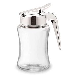 J&M DESIGN Glass Syrup Dispenser Bottle for Maple Syrup, Honey Pot or Sugar Jar W/Handle Shaker For Pancakes, Coffee, Cereal Bowl, Tea Pour Spout Lid Easy Spoon Measure 7.5oz Container Holder
