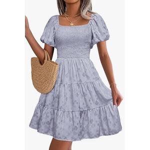 Dowerme Womens Summer Dresses 2025 Puff Short Sleeve Square Neck Smocked Floral Wedding Guest Mini Dress with Pockets, L