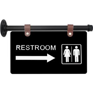 Double-Sided Acrylic Restroom Sign Wall-Mounted Unisex Bathroom Sign with Arrow, Hanging Toilet Corridor Plaque with Metal Brackets for Home, Office, Businesses Hallway, 11 x 6 Inch