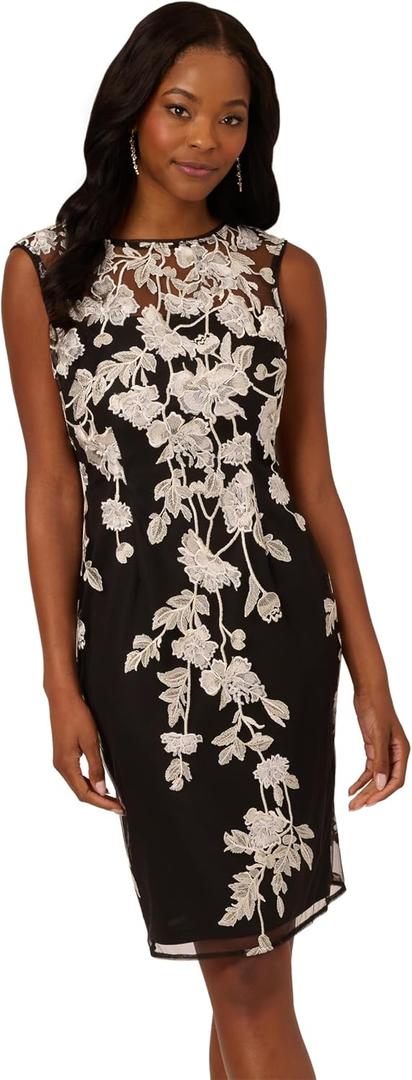 Adrianna Papell Border Embroidery Sheath Dress (Black, L)