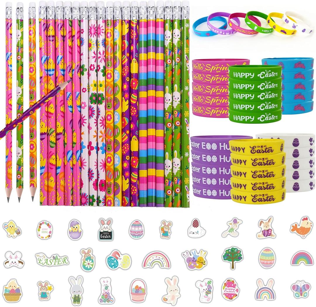 110 Pcs Easter Themed Stationery Set, Easter Pencil Bulk with Erasers, Colorful Egg Silicone Wristbands, and Happy Easter Stickers, Colorful Spring Wooden Pencils Erasers Supplies Easter Day Gifts