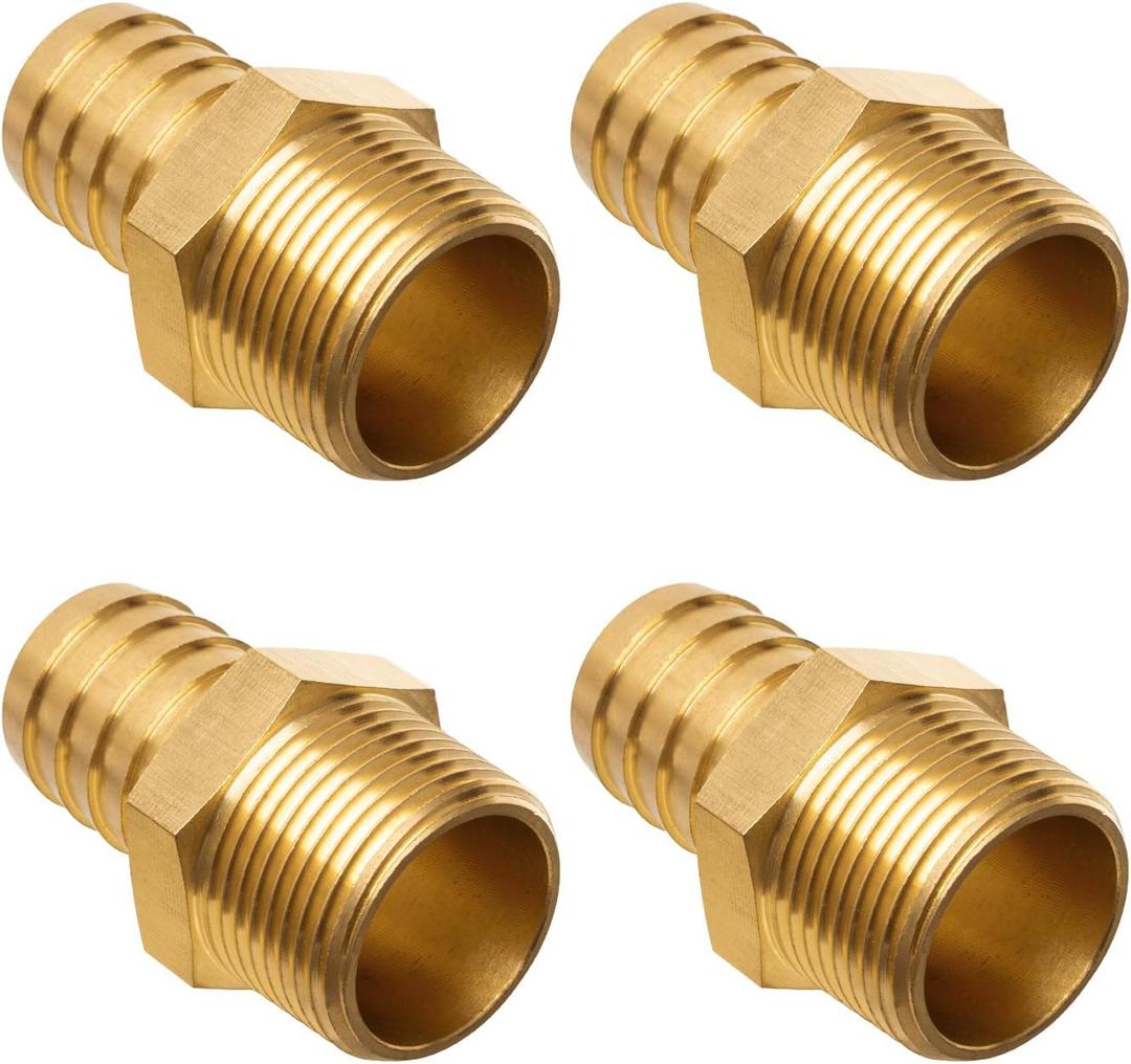 Brass Hose Barb Fitting, 1" Barb x 1" NPT Male Pipe Adapter Connector, Ideal for Air, Gas, Fuel, Oil (4-Pack)