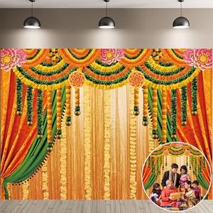 Indian Pooja Traditional Backdrop Indian Religious Festival Marigold Yellow Curtain Background Diwali Puja Ganpati Pooja Mehndi Wedding Party Decoration 7x5FT