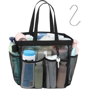 F-color Mesh Shower Caddy Portable, 8.3" Deeper Pockets Large Shower Caddy Bathroom Caddy for College Dorm Room Bathroom Essentials, 2 Handles Shower Bag Tote for Gym Rv, Camp with S Hook, Black (XL, 1 Pack X-Large Black)