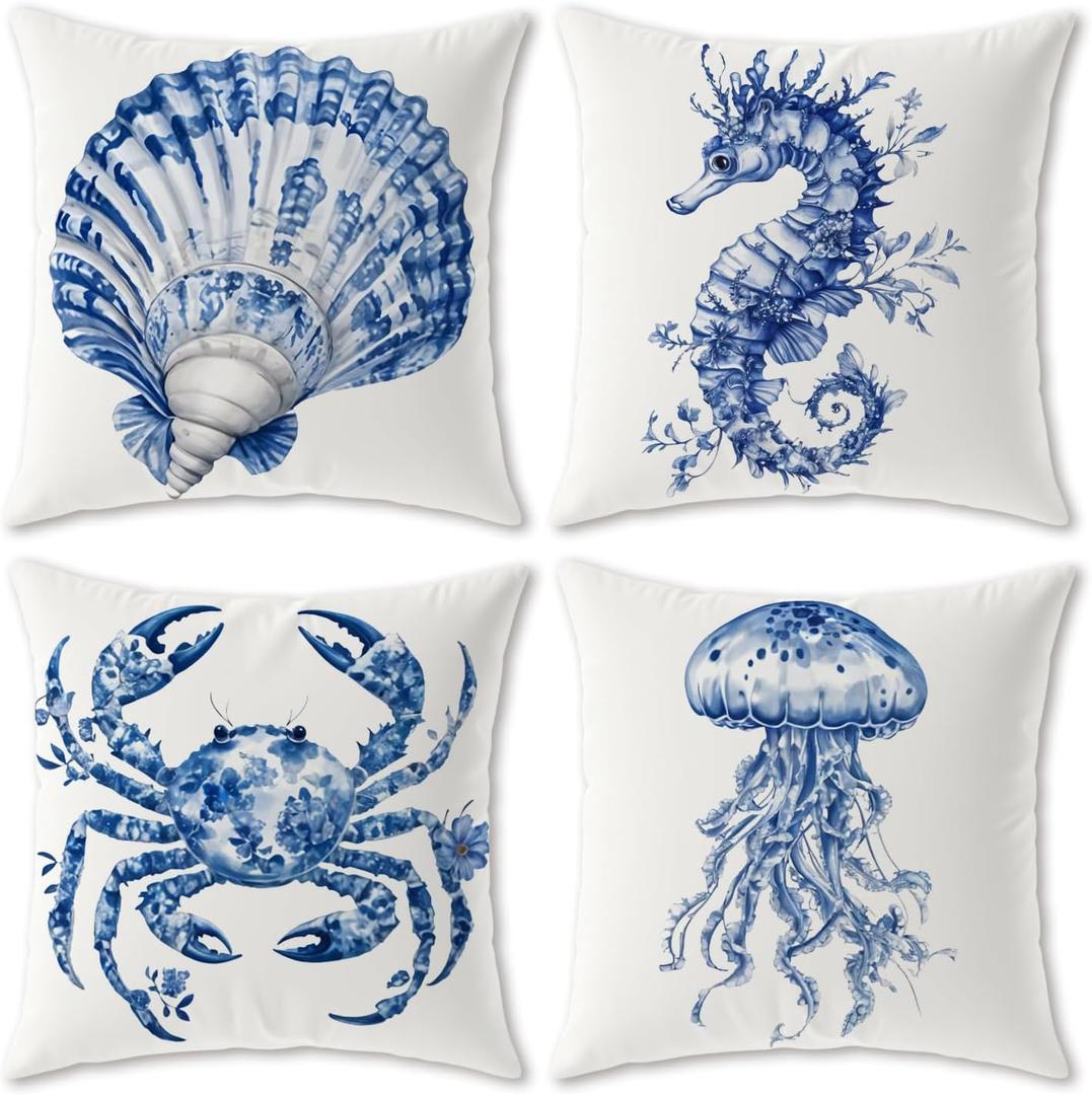Chinoiserie Coastal Beach Pillow Covers 18x18, Blue and White Floral Seashell Sea Horse Crab Jellyfish Decorative Pillow Covers for Beach Room House Cabin Bedroom Home, Set of 4 haiyang4