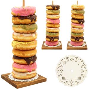 Farmhouse Donut Stand with Doilies, 3PCS Wooden Donut Holder Display 27 Donuts, Reusable Bagel Donut Holder Stands for Wedding Birthday Party Decoration Baby Shower
