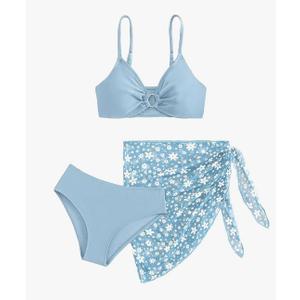 COZYEASE Girls' 3 Piece Bikini Set Ditsy Floral Print Wireless Swimsuit with Beach Skirt, 12-13Y