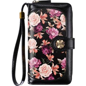 Wallets for Women Multi Card Holder Wallet Clutch Wallet Card Holder Organizer Ladies Purse with Wrist strap Purse (Black Flowers)