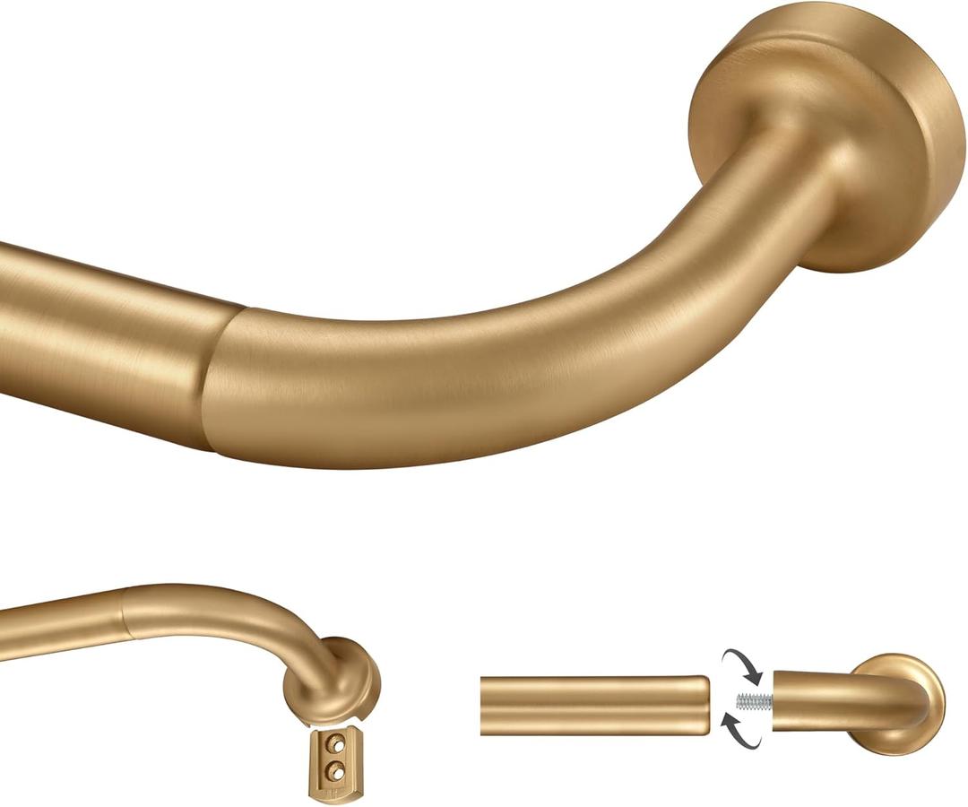 Warm Gold Curtain Rod for Windows 28 to 56 Inch, Internal Splicing 1 Inch Diameter Disc, Adjustable Room Darkening Curtain Rod with Aluminum Finials and Brackets, Wrap Around Design
